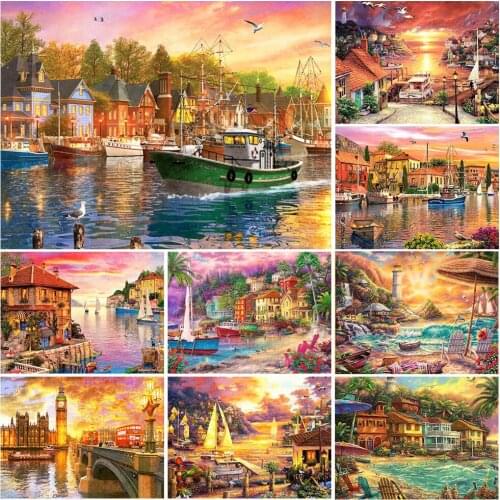 Diamond Embroidery Seaside Full Square Round 5D Diamond Painting Sunset Landscape Rhinestone Picture House Home Decoration Art