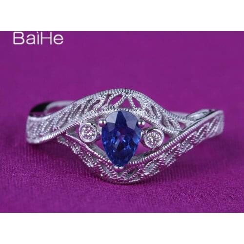 BAIHE Solid 14K White Gold 0.6CT Pear Natural Sapphire Wedding Women Elegant grace Trendy Fine Jewelry Sapphire Ring