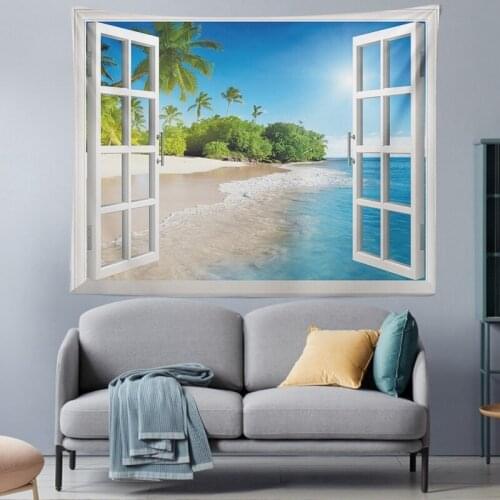3 Sizes Large Tapestry Tropical Beach Landscape Fake Window Scenery Wall Living Room Background Home Decoration Hanging Cloth