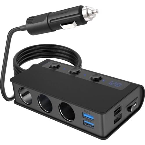 Quick Charge 3.0 Cigarette Lighter Splitter 12V/24V 3-Socket 180W ON-OFF DC Power Car Splitter with 4-Port USB Car Charger TR24