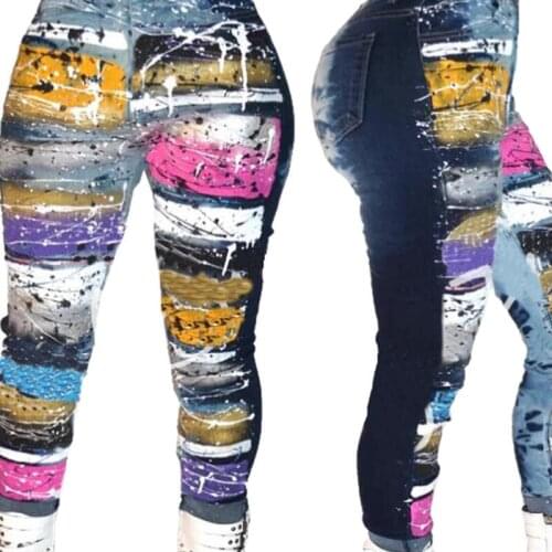 Tie dye print tide design women skinny jeans high waist slim denim pencil pants streetwear fashion sense jeans
