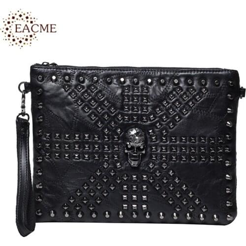EACME Patchwork Thread Skull Envelope Bags Men Day Clutches Punk Rivets PU Document Wristlet Handbag Messenger Shoulder Bag HOT