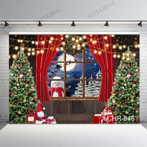 Photography Backdrop Christmas Trees Window Wreath Winter Snow Snowman Background Wood House Child Photoshoot Custom Photobooth
