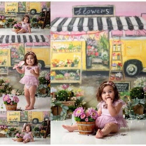 Flower Truck Store Backdrop Girl Photography Background Pink Floral Spring Watercolor Painting Decor Portrait Photo Backdrop