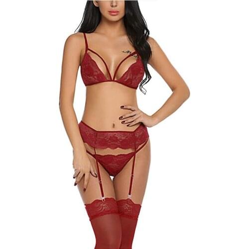 Fashion Sexy Lingerie Underwear Set Women Erotic Transparent Underwire 3 Piece Set Hollow G-String Thong 2019 Bra & Brief Set