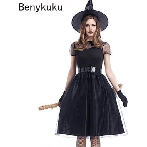 Black Yarn Witch Costume Halloween Dress Gothic Girl Punk Dark Night Ghost Game Cosplay Costumes Sexy Short Mesh Dress with Belt