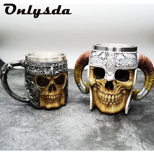 Stainless Steel Skull Mug Viking Ram Horned Pit Lord Warrior Beer Stein Tankard Coffee Mug Tea Cup Halloween Bar Drinkware Gift