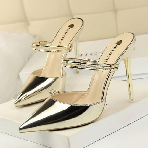 10CM Stiletto Sexy Ladies Sandals European And American Summer Patent Leather Pointed Solid Color Muller Slippers Plus Size