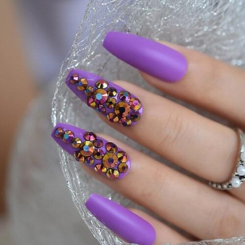 Frosted Deep Purple Press on False Nails Extra Long Coffin Ballerina Shape Matte 3D Gems Glue On Fingersnails Free Adhesive Tap