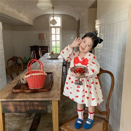 MILANCEL 2021 Autumn New Kids Clothes Love Print Drss Korean Girls One Piece Bow-knot Outfits Cotton Children Dresses