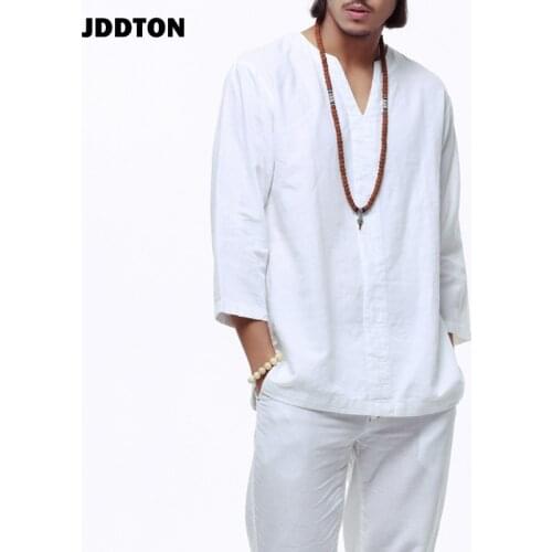 JDDTON New Men Summer Cotton Linen Long Sleeve Cotton Casual Breathable Shirts Style Solid Male Solid Color V-neck Shirts JE102