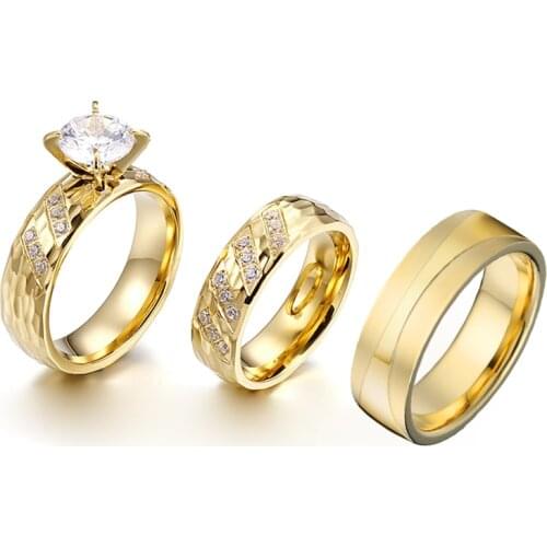 3pcs Luxury Promise Engagement Wedding Rings set for Couples Men and Women Gold Color Alliance Marriage Anniversary Gift