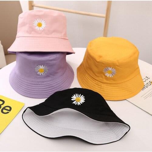 1Pc Fashion Casual Children Daisy Embroidery Double Sided Outdoor Bucket Hat Summer Kid Cap 52cm