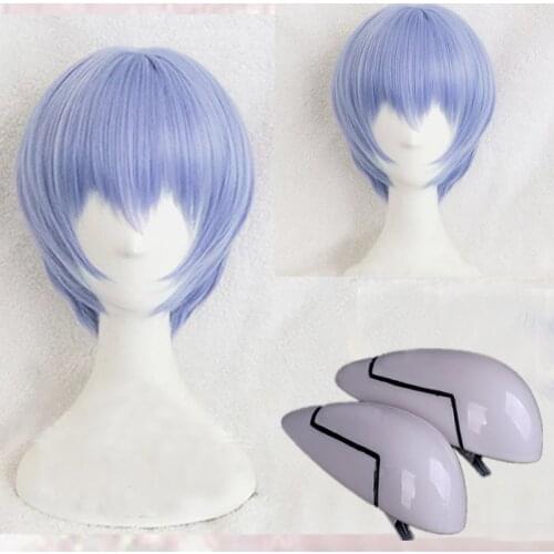 JOY&BEAUTY EVA Ayanami Rei Wig Short Light Blue Heat Resistant Synthetic Hair Cosplay Wig Headwear Haripins + Wig Cap blue wig