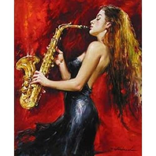 Hand Painted Sexy Lady Saxophone Woman Player Oil Painting On Canvas For Music Room
