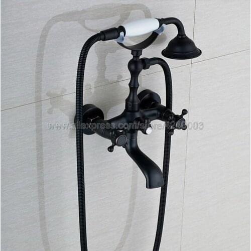 Dual Cross Handles Black Oil Brass Bathroom Tub Faucet with Hand Held Shower Sprayer Ktf605