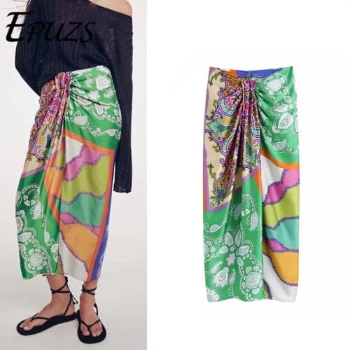 ZA 2021 Women Skirts Summer Ruched Vintage Print Midi Skirt Woman Elegant High Waist Back Zipper Split Female long Skirts