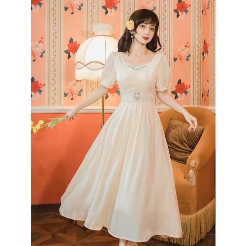 Summer French Elegant Puff Sleeve Temperament Embroidered Square Neck Fairy Dress French Gentle Wind Robe Femme