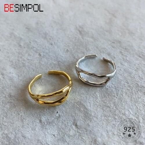 Besimpol Genuine 925 Sterling Silver Rings Simple Irregular Double Line Adjustable Ring for Women Fashion Fine Jewelry Gifts