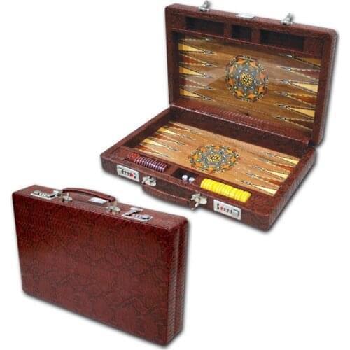 Star Elit Backgammon Original Mother-of-Pearl crocodile pattern faux leather covering Locking system with carrying handle