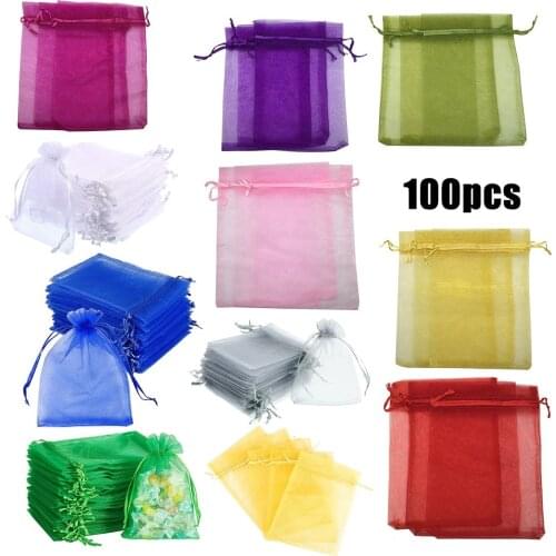 100pcs Organza Gift Bags Jewelry Packaging Gift Candy Wedding Party Goodie Packing Favors Pouches Drawable Bags Present