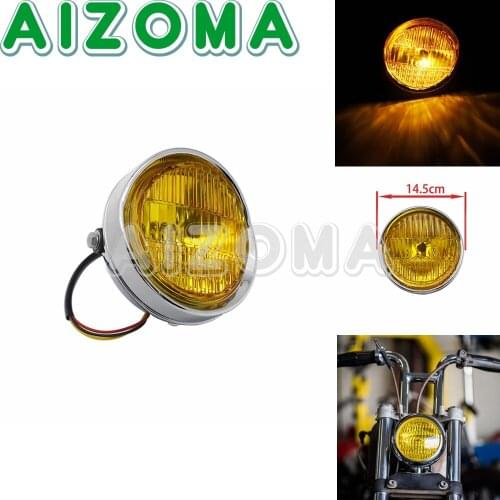 5-3/4" Yellow Motorcylcle Headlight Retro Old School Motor Front Head Lamp 12V Amber For Harley Sportster Cruiser Bobber Chopper