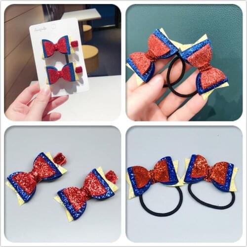 Boutique 10Sets Fashion Glitter Patchwork Bow Hairpins Hair Ties Bowknot Elastic Hair Bands Hair Clips Princess Headwear