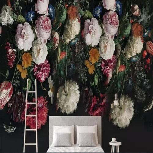 Decorative wallpaper European retro nostalgic hand-painted flower TV background wall