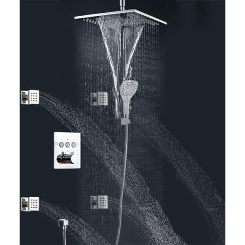 DULABRAHE Waterfall Rain Shower System 25X25 CM Brass Rainfall Head Wall Mounted Conceal Chrome Thermostatic Mixer Faucet Set