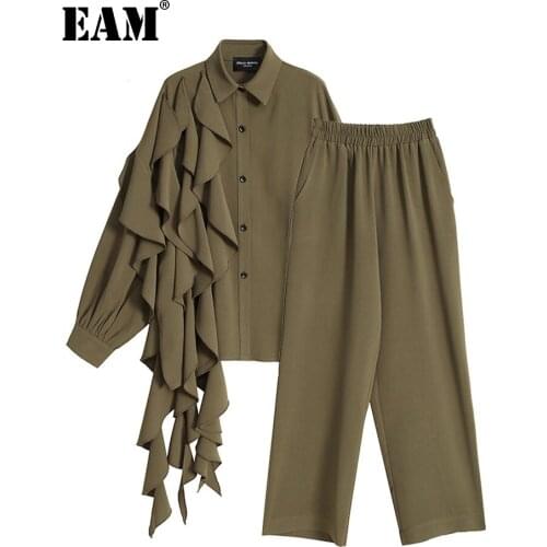 [EAM] Ruffles Wide Leg Leg Pants Two Piece Suit New Lapel Long Sleeve Black Loose Fit Women Fashion Spring Autumn 2021 1DD2447