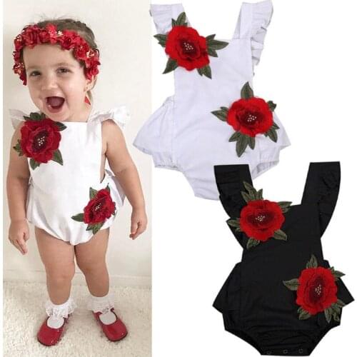 Newborn Summer Clothes Pretty Baby Kids Girls Applique Flowers Bodysuit Floral Fly Sleeve Backless Jumpsuit Cotton Clothes 0-24M