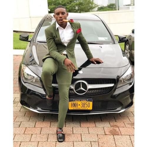 Olive Green Mens Suits Slim Fit Two Pieces Groomsmen Wedding Tuxedos For Men Peaked Lapel Formal Prom Suit (Jacket+Pants)