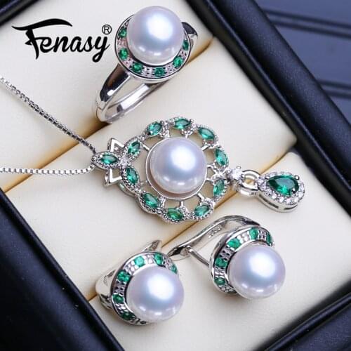 FENASY 925 Sterling Silver Emerald Jewelry Sets Natural Pearl Stud Earrings Luxury Big Pendant Necklace Women Green Stones Ring
