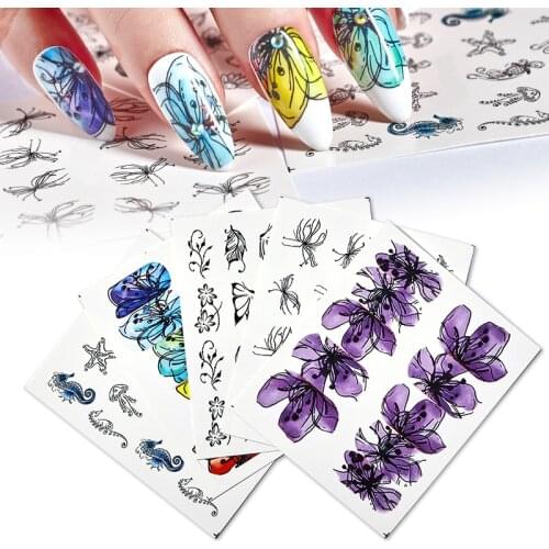 5 Pcs/set Nail Stickers Water Transfer Sticker Flower Cute Animal Designs Nail Art Slider Manicure Decoration