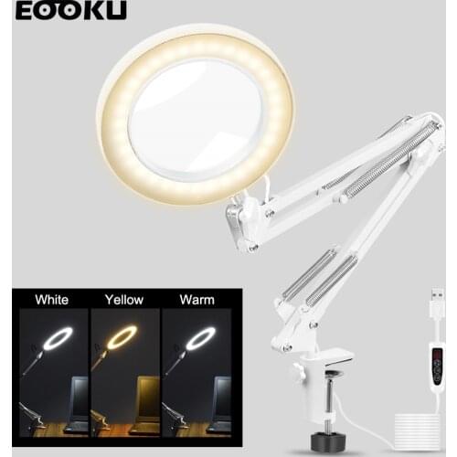 EOOKU Table Clamp Desk Lamp 5X Folding Magnifier LED Illuminated Light Adjustable Arm for Reading/Working/Beauty Manicure