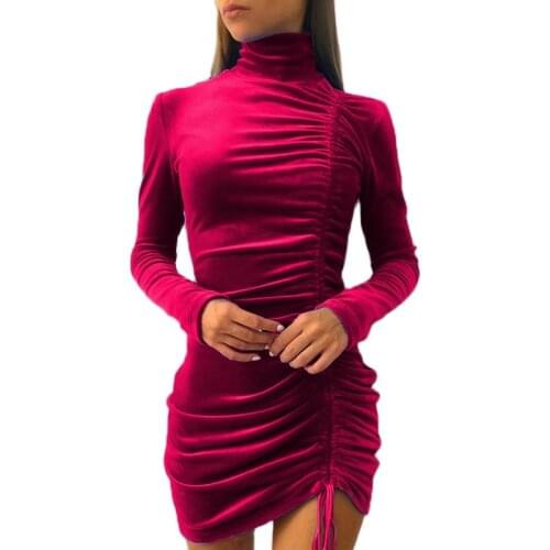 Autumn Winter New Turtleneck Long Sleeve Drawstring Velvet Mini Dress Women Solid Casual Slim Bodycon Elegant Hips Party Dress