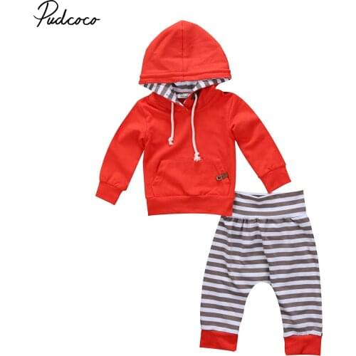 Pudcoco Newborn Baby Boy Hooded Top T-shirt+Striped Pants Infant Kids Boys Spring Autumn Casual Outfit Clothes 2Pcs Set 0-24M