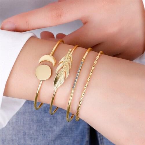 Luxury 4Pcs/set Bohemian Gold Color Moon Leaf Crystal Opal Cuff Bracelet Set For Women Punk Boho Party Bangle Jewelry Gift