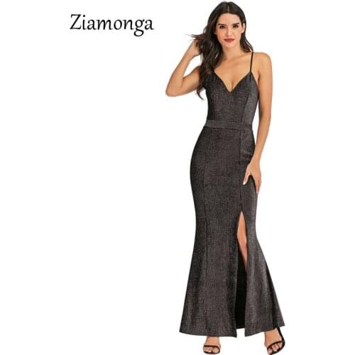 Ziamonga Sexy Shining Evening Dresses Sexy V-Neck Sparkle Leg Split Long Formal Party Gowns Spaghetti Strap Long Maxi Dresses