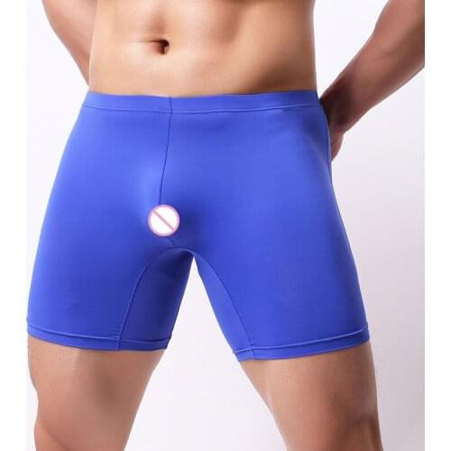 Sexy Men Plus Size Ice Silk Smooth Solid Big U Convex Pouch Half-length Boxers Long Leg Underpants Boxer Jocks Straps Gay Wear F