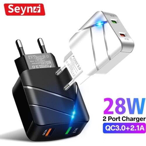 QC 3.0 28W USB Charger Adapter 5V 2A Quick Charger 2 USB Ports Universal Adapter Travel Fast Charging Illuminated EU Wall Plug