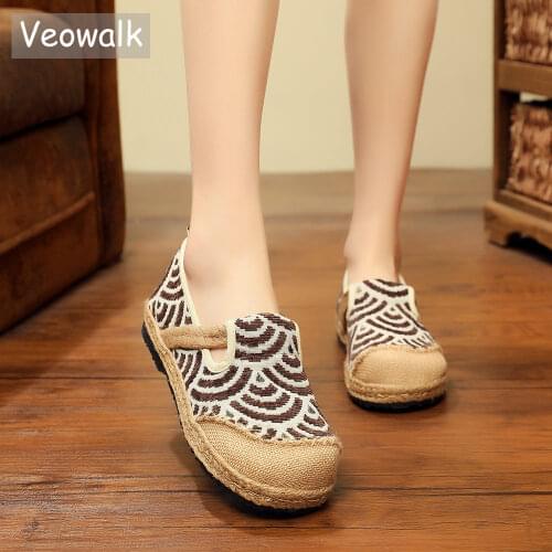 Veowalk Vegan Handmade Women Linen Cotton Slip-on Loafers Espadrilles Striped Pattern Ladies Casual Flat Platform Sneakers Shoes