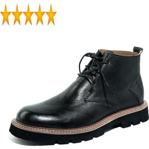 High-Top England Style Genuine Leather Cowhide Lace Up Round Toe Thick Bottom Mens Winter Outdoor Warm Ankle Boots