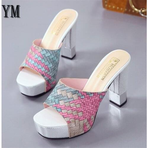2020 Hot Sale Women Pattern Patchwork Platform Heels Peep Toe Summer Womens Shoes 11CM Woman Sandals 35-39