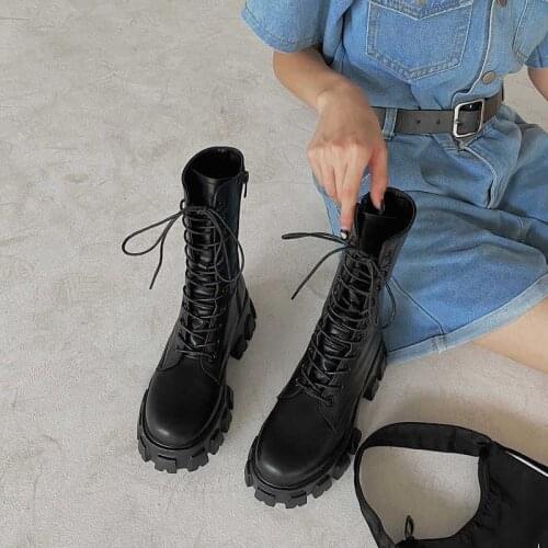Women Harajuku Lace Up Platform Boots Fashion Gothic Combat Shoes Motorcycle Mid-calf Black Booties PU Leather Wedge Zapatos