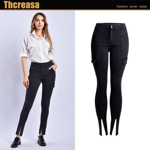 Womens Jeans Womens Front Leg Split High Waist Black Nine-Leg Split Small Leg Jeans