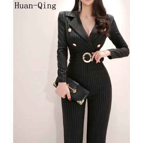 Business Blazers Jumpsuits Korean Autumn Women Vintage Suit Collar Long Sleeve Long Playsuits Striped Black Rompers OL Overalls