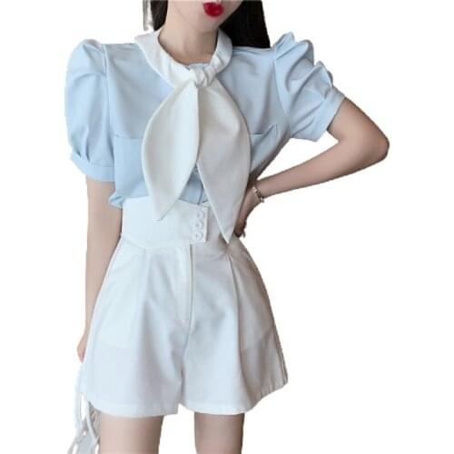 PERHAPS U Women Two-Piece Set Solid Color Bowknot Puff Sleeve Loose Shirt Top High Waist Wide Leg Pants Shorts Fashion Set T3032