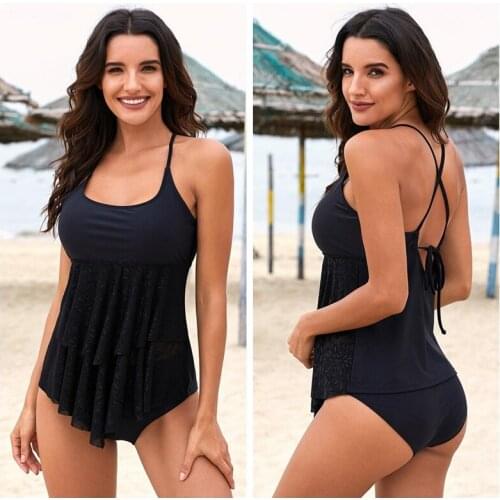 2021 Halter Neck Ruffled Layered Tankini Swimsuit Swim Skirt Women Solid Strappy Bathing Suit Push Up Tankini Top