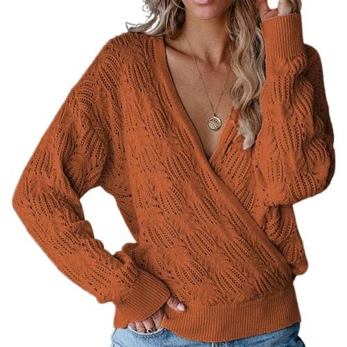 Spring/Summer Women Knitted Sweater Deep V Neck Wrap Hollow Elegant Fashion Sweater Long Sleeve Crochet Knit Pullover Top